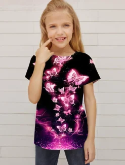 Girls' 3D Animal Butterfly T shirt Short Sleeve 3D Print Summer Spring Active Fashion Cute Kids 3-12 Years Outdoor Daily Indoor Regular Fit