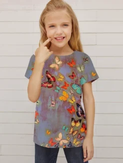 Girls' 3D Animal Butterfly T shirt Short Sleeve 3D Print Summer Spring Active Fashion Cute Kids 3-12 Years Outdoor Daily Indoor Regular Fit