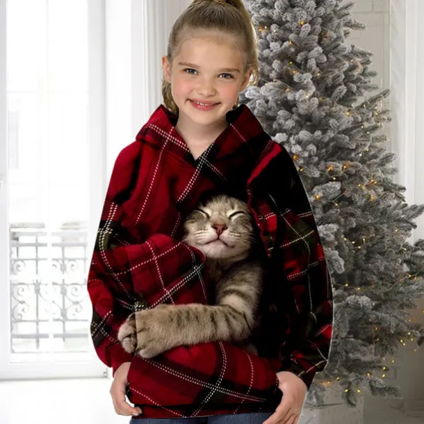 Girls' 3D Animal Cat Hoodie Long Sleeve 3D Print Spring Fall Winter Fashion Streetwear Adorable Kids 3-12 Years Outdoor Daily Indoor Regular Fit