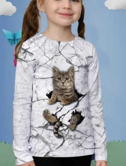 Girls' 3D Animal Cat T shirt Long Sleeve 3D Print Summer Spring Fall Active Sports Fashion Kids 3-12 Years Outdoor Daily Indoor Regular Fit