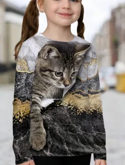 Girls' 3D Animal Cat T shirt Long Sleeve 3D Print Summer Spring Fall Active Sports Fashion Kids 3-12 Years Outdoor Daily Indoor Regular Fit