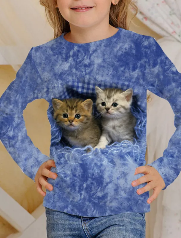 Girls' 3D Animal Cat T shirt Long Sleeve 3D Print Summer Spring Fall Active Sports Fashion Kids 3-12 Years Outdoor Daily Indoor Regular Fit