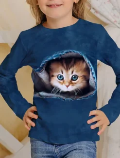 Girls' 3D Animal Cat T shirt Long Sleeve 3D Print Summer Spring Fall Active Sports Fashion Kids 3-12 Years Outdoor Daily Indoor Regular Fit