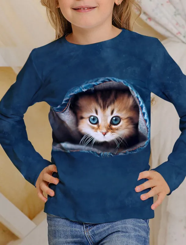 Girls' 3D Animal Cat T shirt Long Sleeve 3D Print Summer Spring Fall Active Sports Fashion Kids 3-12 Years Outdoor Daily Indoor Regular Fit
