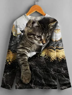 Girls' 3D Animal Cat T shirt Long Sleeve 3D Print Summer Spring Fall Active Sports Fashion Kids 3-12 Years Outdoor Daily Indoor Regular Fit