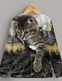 Girls' 3D Animal Cat T shirt Long Sleeve 3D Print Summer Spring Fall Active Sports Fashion Kids 3-12 Years Outdoor Daily Indoor Regular Fit
