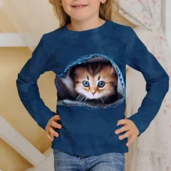 Girls' 3D Animal Cat T shirt Long Sleeve 3D Print Fall Winter Active Sports Fashion Kids 3-12 Years Outdoor Daily Regular Fit