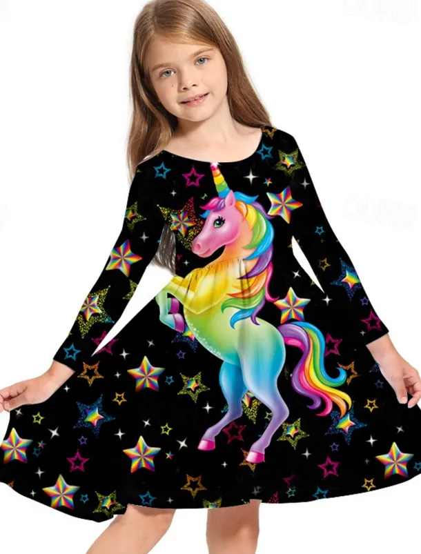 Girls' 3D Animal Unicorn Dress Long Sleeve 3D Print Spring Fall Vacation Daily Holiday Cute Casual Sweet Kids 3-10 Years Swing Dress A Line Dress Above Knee Regular Fit