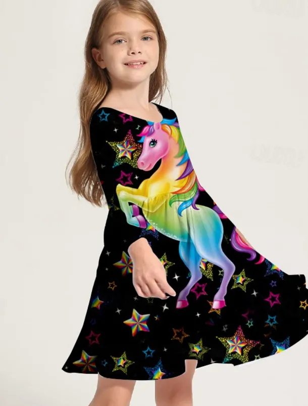 Girls' 3D Animal Unicorn Dress Long Sleeve 3D Print Spring Fall Vacation Daily Holiday Cute Casual Sweet Kids 3-10 Years Swing Dress A Line Dress Above Knee Regular Fit