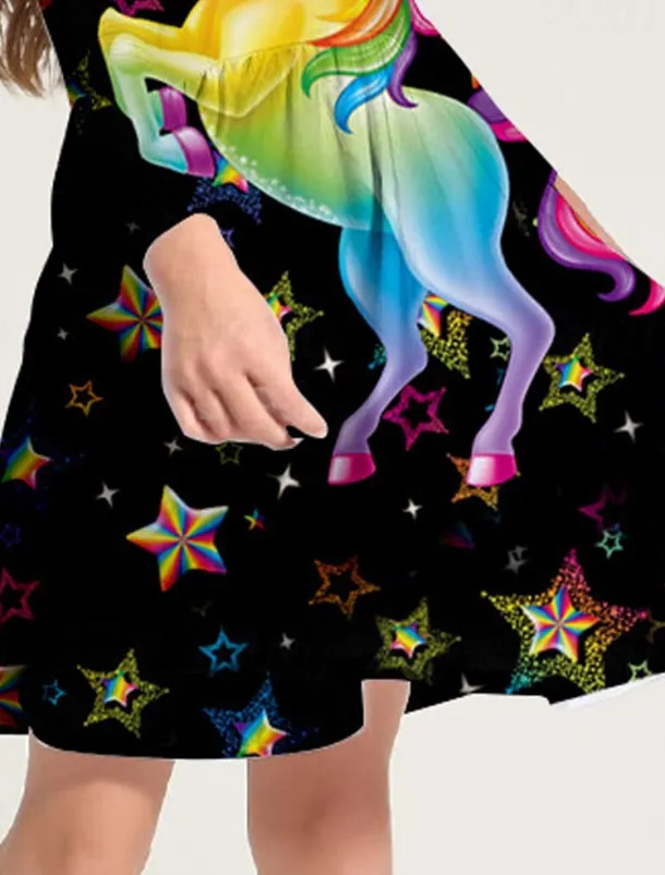 Girls' 3D Animal Unicorn Dress Long Sleeve 3D Print Spring Fall Vacation Daily Holiday Cute Casual Sweet Kids 3-10 Years Swing Dress A Line Dress Above Knee Regular Fit