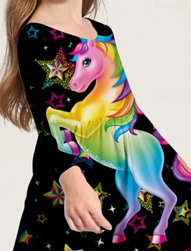 Girls' 3D Animal Unicorn Dress Long Sleeve 3D Print Spring Fall Vacation Daily Holiday Cute Casual Sweet Kids 3-10 Years Swing Dress A Line Dress Above Knee Regular Fit