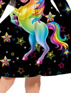 Girls' 3D Animal Unicorn Dress Long Sleeve 3D Print Spring Fall Vacation Daily Holiday Cute Casual Sweet Kids 3-10 Years Swing Dress A Line Dress Above Knee Regular Fit