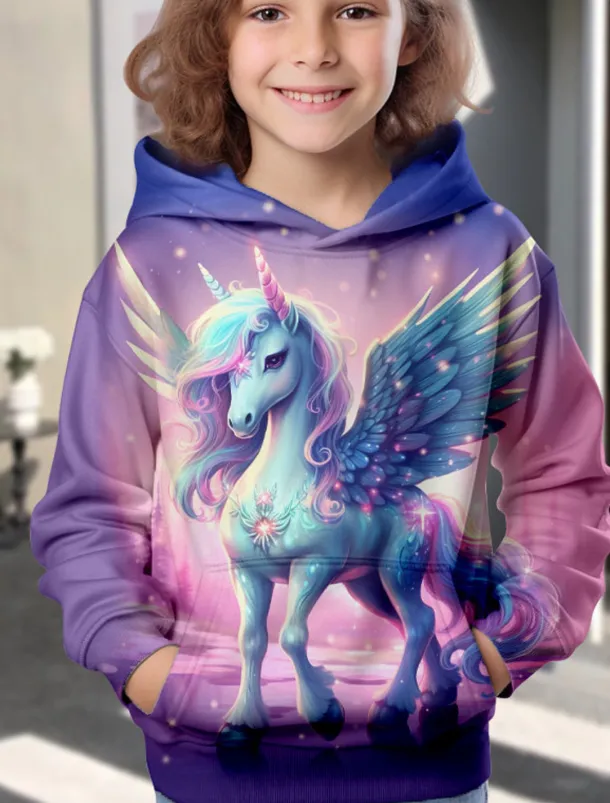 Girls' 3D Animal Unicorn Hoodie Long Sleeve 3D Print Spring Fall Winter Fashion Streetwear Adorable Kids 3-12 Years Outdoor Daily Indoor Regular Fit