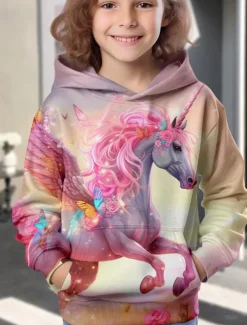 Girls' 3D Animal Unicorn Hoodie Long Sleeve 3D Print Spring Fall Winter Fashion Streetwear Adorable Kids 3-12 Years Outdoor Daily Indoor Regular Fit