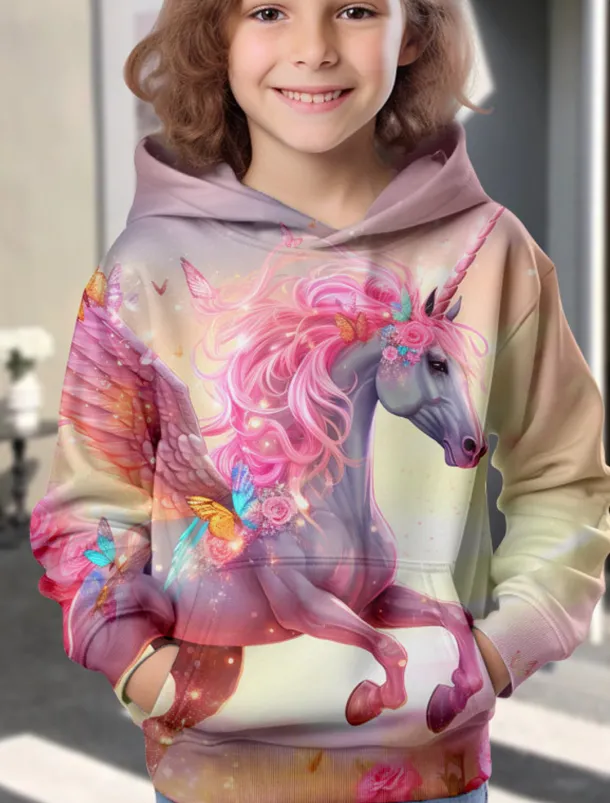 Girls' 3D Animal Unicorn Hoodie Long Sleeve 3D Print Spring Fall Winter Fashion Streetwear Adorable Kids 3-12 Years Outdoor Daily Indoor Regular Fit