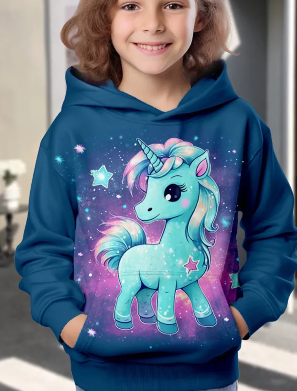 Girls' 3D Animal Unicorn Hoodie Long Sleeve 3D Print Spring Fall Winter Fashion Streetwear Adorable Kids 3-12 Years Outdoor Daily Indoor Regular Fit