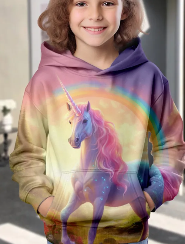 Girls' 3D Animal Unicorn Hoodie Long Sleeve 3D Print Spring Fall Winter Fashion Streetwear Adorable Kids 3-12 Years Outdoor Daily Indoor Regular Fit