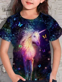 Girls' 3D Animal Unicorn T shirt Short Sleeve 3D Print Summer Spring Active Fashion Cute Kids 3-12 Years Outdoor Daily Indoor Regular Fit