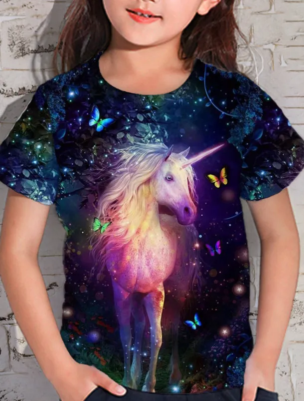 Girls' 3D Animal Unicorn T shirt Short Sleeve 3D Print Summer Spring Active Fashion Cute Kids 3-12 Years Outdoor Daily Indoor Regular Fit