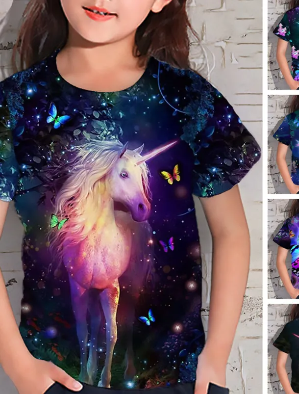 Girls' 3D Animal Unicorn T shirt Short Sleeve 3D Print Summer Spring Active Fashion Cute Kids 3-12 Years Outdoor Daily Indoor Regular Fit