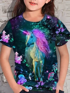 Girls' 3D Animal Unicorn T shirt Short Sleeve 3D Print Summer Spring Active Fashion Cute Kids 3-12 Years Outdoor Daily Indoor Regular Fit