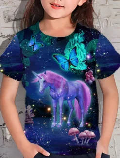 Girls' 3D Animal Unicorn T shirt Short Sleeve 3D Print Summer Spring Active Fashion Cute Kids 3-12 Years Outdoor Daily Indoor Regular Fit