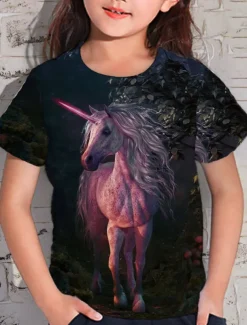 Girls' 3D Animal Unicorn T shirt Short Sleeve 3D Print Summer Spring Active Fashion Cute Kids 3-12 Years Outdoor Daily Indoor Regular Fit