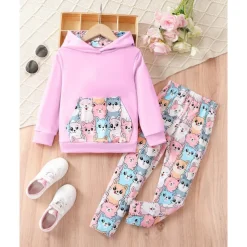 Girls' 3D Cartoon Cat Sports Suit Hoodie Set Tracksuits Long Sleeve Spring Fall Daily Casual Comfort Kids 4 years+ Hooded Outdoor Vacation Sports Tailored Fit