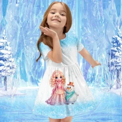 Girls' 3D Cartoon Princess Dress Pink Short Sleeve 3D Print Summer Daily Holiday Casual Beautiful Kids 3-12 Years Casual Dress Skater Dress Above Knee Regular Fit