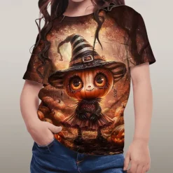 Girls' 3D Cartoon Pumpkin T shirt Tee Short Sleeve Summer Spring Fashion Basic Kids 4-12 Years Crew Neck Outdoor Casual Daily Regular Fit