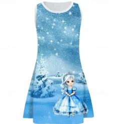 Girls' 3D Cartoon Snowflake Dress Sleeveless Summer Spring Vacation Daily Holiday Princess Beautiful Sweet Kids 4-12 Years Casual Dress A Line Dress Knee-length Regular Fit
