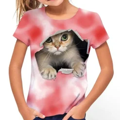 Girls' 3D Cat T shirt Short Sleeve 3D Print Summer Active Cute Polyester Kids 3-12 Years Outdoor Daily Regular Fit