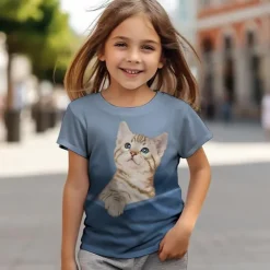 Girls' 3D Cat T shirt Tee Short Sleeve Summer Spring Fashion Basic Kids 4-12 Years Crew Neck Outdoor Casual Daily Regular Fit