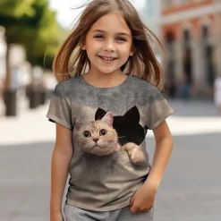Girls' 3D Cat T shirt Tee Short Sleeve Summer Spring Fashion Basic Kids 4-12 Years Crew Neck Outdoor Casual Daily Regular Fit