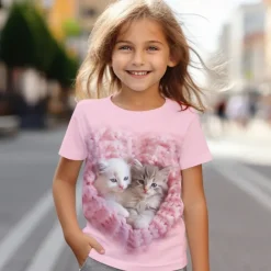 Girls' 3D Cat Tee Shirt Pink Short Sleeve 3D Print Summer Active Fashion Cute Polyester Kids 3-12 Years Crew Neck Outdoor Casual Daily Regular Fit