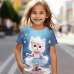 Girls' 3D Cat Tee Shirt Pink Short Sleeve 3D Print Summer Active Fashion Cute Polyester Kids 3-12 Years Crew Neck Outdoor Casual Daily Regular Fit