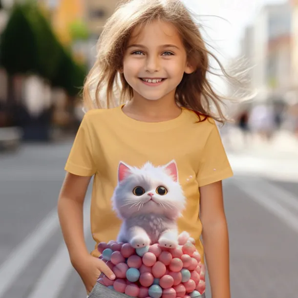 Girls' 3D Cat Tee Shirt Pink Short Sleeve 3D Print Summer Active Fashion Cute Polyester Kids 3-12 Years Crew Neck Outdoor Casual Daily Regular Fit