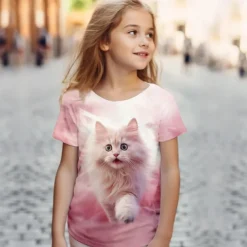 Girls' 3D Cat Tee Shirts Pink Short Sleeve 3D Print Summer Active Fashion Cute Polyester Kids 3-12 Years Crew Neck Outdoor Casual Daily Regular Fit