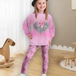 Girls' 3D Crown Sweatshirt & Legging Set Pink Long Sleeve 3D Print Spring Fall Active Fashion Daily Kids 3-12 Years Crew Neck Outdoor Vacation Date Regular Fit