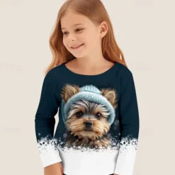 Girls' 3D Dog Tee Shirts Long Sleeve 3D Print Spring Fall Active Fashion Cute Kids 3-12 Years 4-12 Years Crew Neck Outdoor Casual Daily Regular Fit