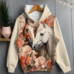 Girls' 3D Floral Horse Hoodie Pullover Long Sleeve 3D Print Spring Fall Active Fashion Cute Kids 3-12 Years Hooded Outdoor Casual Daily Regular Fit