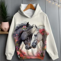 Girls' 3D Floral Horse Hoodie Pullover Long Sleeve 3D Print Spring Fall Active Fashion Cute Kids 3-12 Years Hooded Outdoor Casual Daily Regular Fit