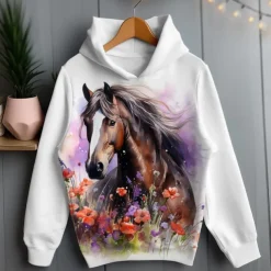 Girls' 3D Floral Horse Hoodie Pullover Long Sleeve 3D Print Spring Fall Active Fashion Cute Kids 3-12 Years Hooded Outdoor Casual Daily Regular Fit
