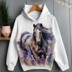 Girls' 3D Floral Horse Hoodie Pullover Long Sleeve 3D Print Spring Fall Active Fashion Cute Kids 3-12 Years Hooded Outdoor Casual Daily Regular Fit