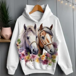 Girls' 3D Floral Horse Hoodie Pullover Long Sleeve 3D Print Spring Fall Active Fashion Cute Kids 3-12 Years Hooded Outdoor Casual Daily Regular Fit