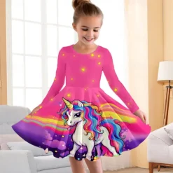 Girls' 3D Floral Rainbow Dress Pink Long Sleeve 3D Print Fall Winter Vacation Sports & Outdoor Daily Cute Casual Beautiful Kids 3-12 Years Casual Dress A Line Dress Above Knee Regular Fit