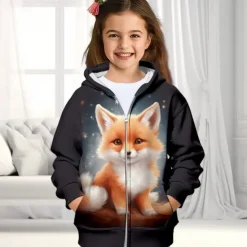 Girls' 3D Fox Hoodie Coat Outerwear Long Sleeve Fall Winter Active Cute Streetwear Polyester Kids 3-12 Years Zip Street Daily Regular Fit