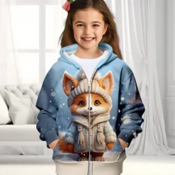 Girls' 3D Fox Hoodie Coat Outerwear Long Sleeve Fall Winter Active Cute Streetwear Polyester Kids 3-12 Years Zip Street Daily Regular Fit