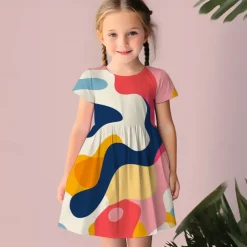 Girls' 3D Geometric Dress Pink Short Sleeve 3D Print Summer Daily Holiday Casual Beautiful Kids 3-12 Years Casual Dress Skater Dress Above Knee Regular Fit