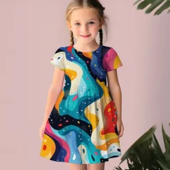 Girls' 3D Geometric Dress Pink Short Sleeve 3D Print Summer Daily Holiday Casual Beautiful Kids 3-12 Years Casual Dress Skater Dress Above Knee Regular Fit